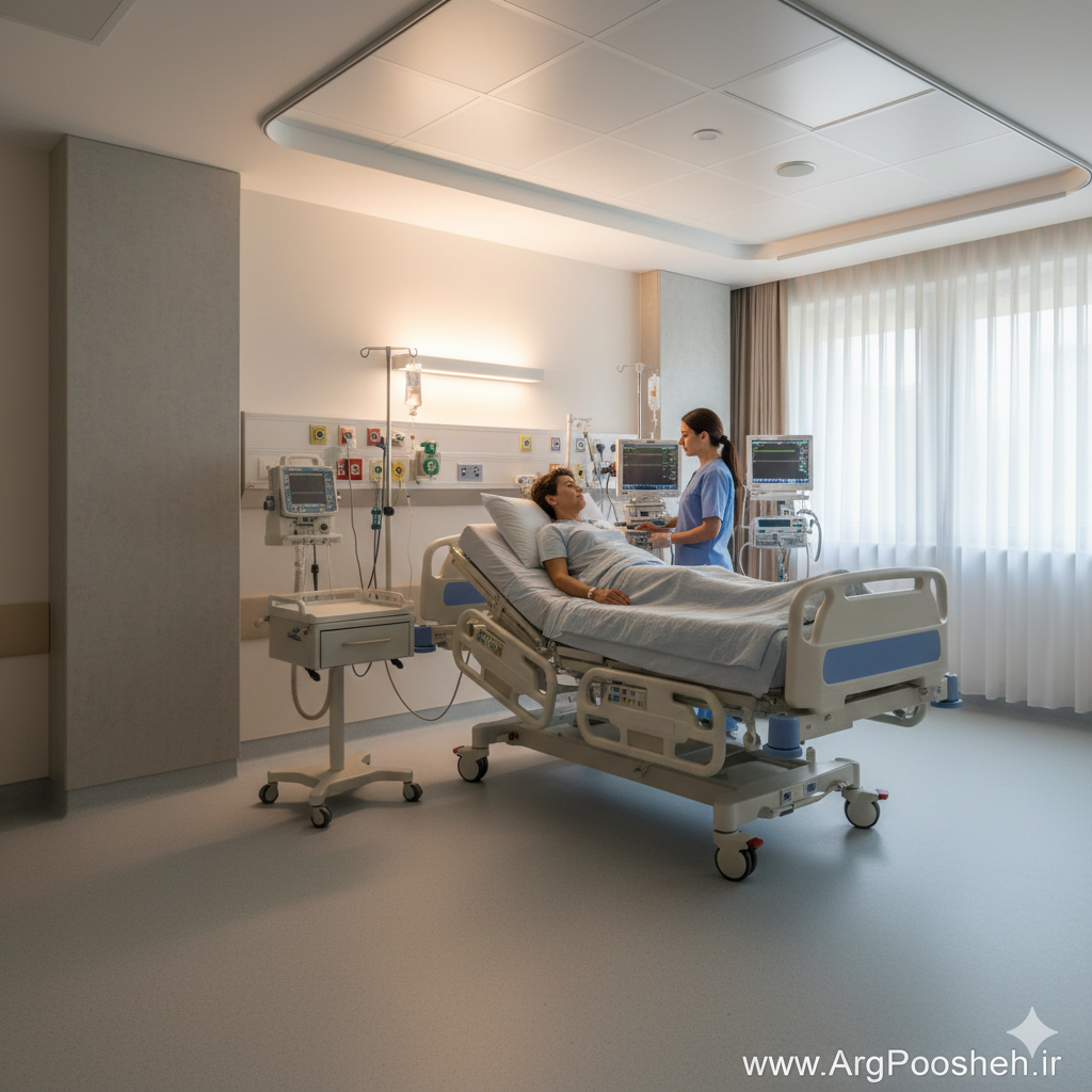 بخش ICU با کفپوش بیمارستانی آنتی‌باکتریال و آکوستیک، بیمار در حال استراحت آرام و پرستار در حال کنترل علائم حیاتی در محیطی کم‌صدا و بهداشتی