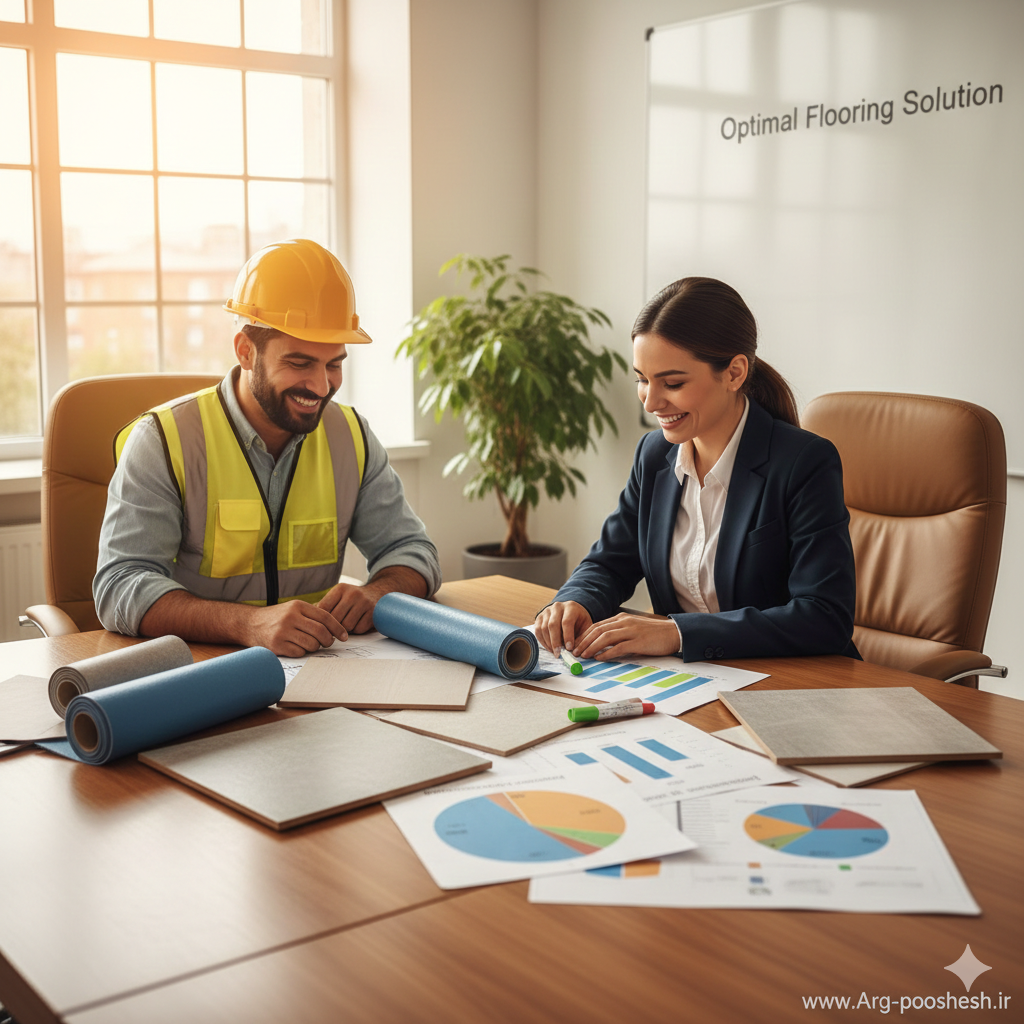 پیمانکار و مدیر بیمارستان در حال مقایسه نمونه کفپوش رولی و تایلی برای انتخاب اقتصادی با دوام بالا