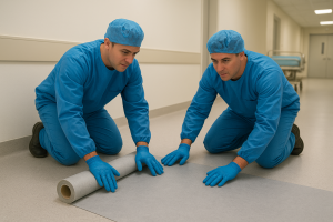 تیم ارگ پوشش در حال نصب کفپوش آنتی باکتریال بیمارستانی در بخش ICU